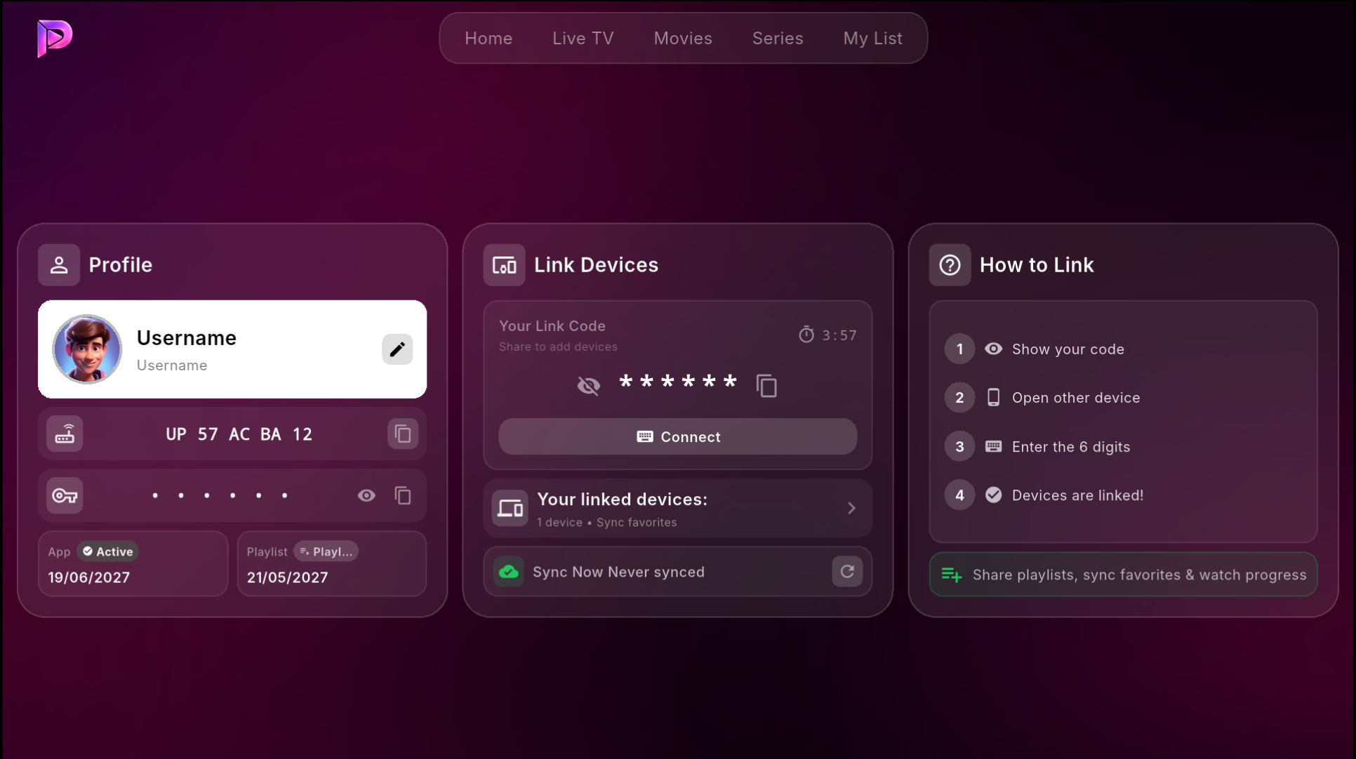 PurePlayer account and device linking