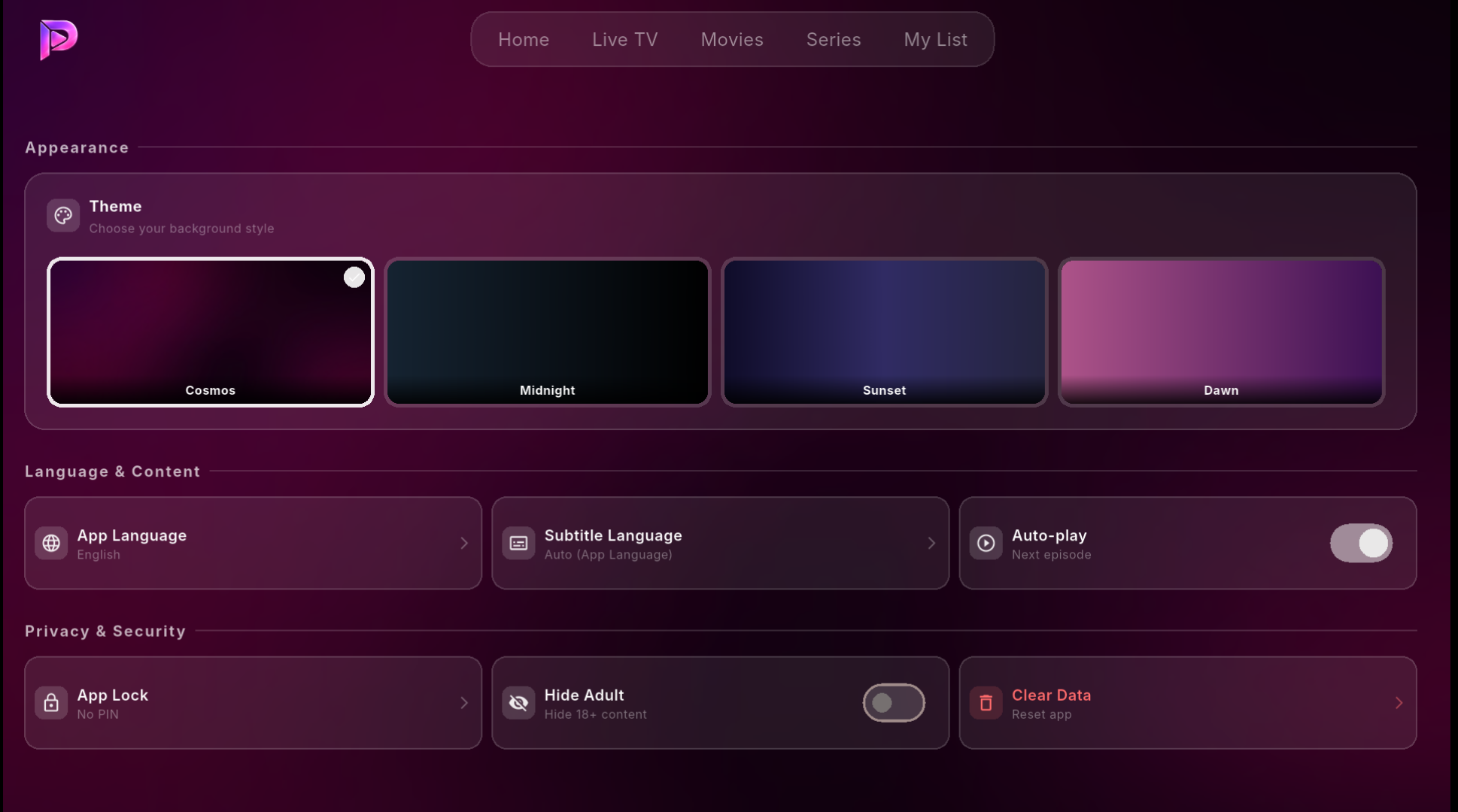 PurePlayer settings screen