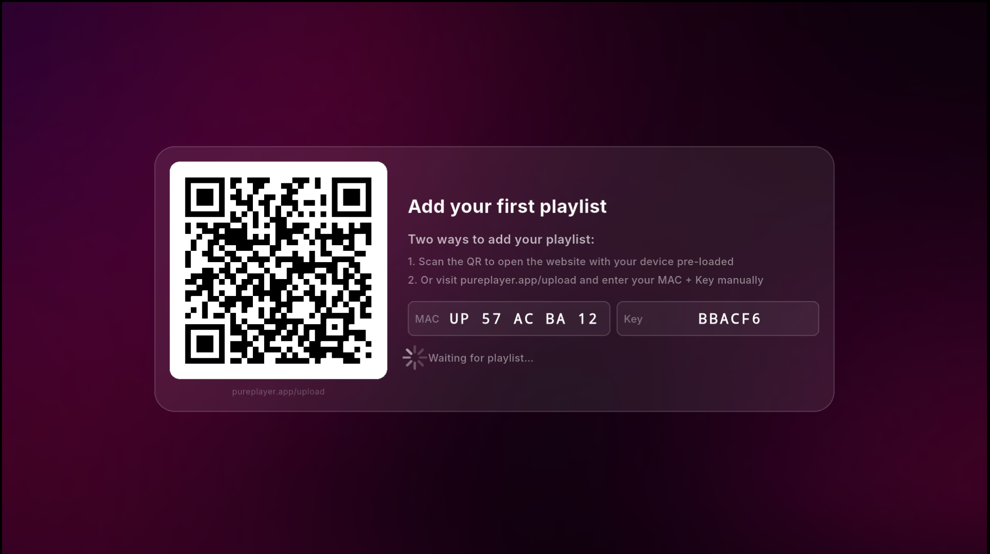PurePlayer setup screen